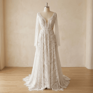 Boho Lace Scalloped Hem A-Line Bridal Gown - Diva Melody