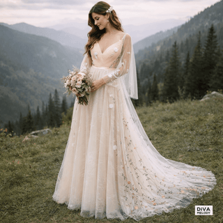 Boho Lace Tulle A - Line Wedding Dress - Diva Melody