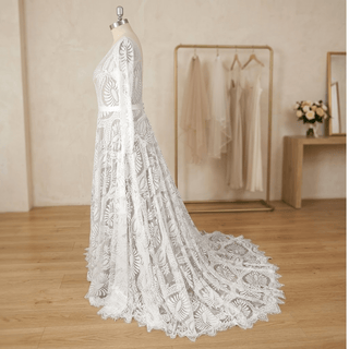 Boho Lace V-Neck Long Sleeves Bridal Gown - Diva Melody