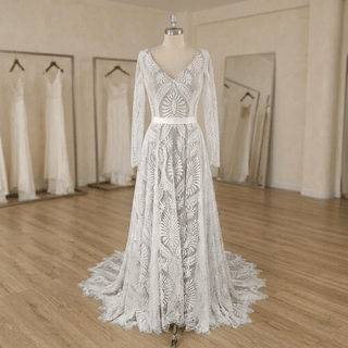 Boho Lace V-Neck Long Sleeves Bridal Gown - Diva Melody