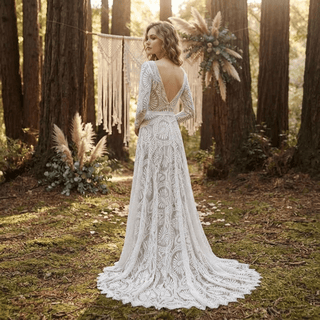 Boho Lace V-Neck Long Sleeves Bridal Gown - Diva Melody