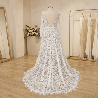 Boho Lace V-Neck Long Sleeves Bridal Gown - Diva Melody