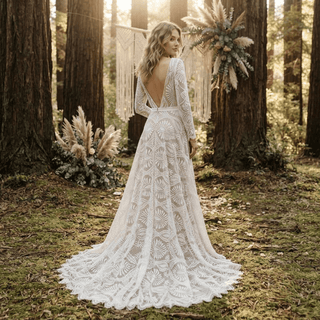 Boho Lace V-Neck Long Sleeves Bridal Gown - Diva Melody