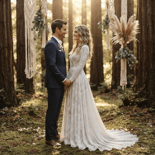 Boho Lace V-Neck Long Sleeves Bridal Gown - Diva Melody