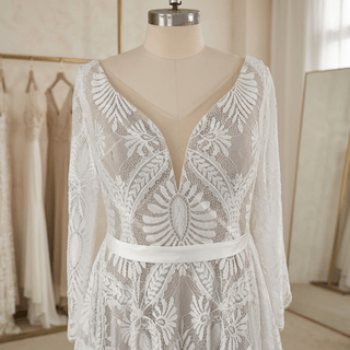 Boho Lace V-Neck Long Sleeves Bridal Gown - Diva Melody