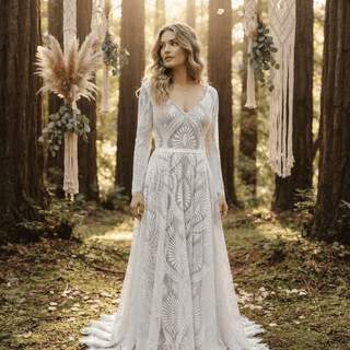 Boho Lace V-Neck Long Sleeves Bridal Gown - Diva Melody