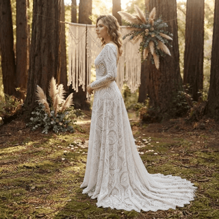 Boho Lace V-Neck Long Sleeves Bridal Gown - Diva Melody