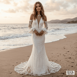 Boho Lace V - Neck Mermaid Gown - Diva Melody