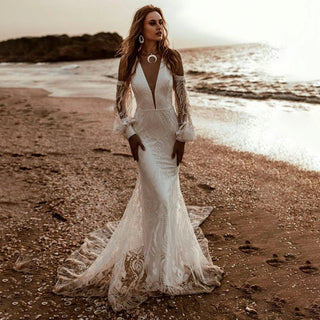 Boho Lace V - Neck Mermaid Gown - Diva Melody