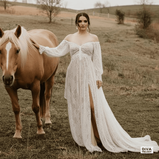 Boho Lace Wedding Dress with Puff Sleeves - Diva Melody