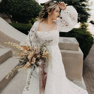 Boho Lace Wedding Dress with Puff Sleeves - Diva Melody