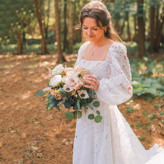 Boho Lace Wedding Dress with Puff Sleeves - Diva Melody