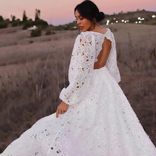 Boho Lace Wedding Dress with Puff Sleeves - Diva Melody