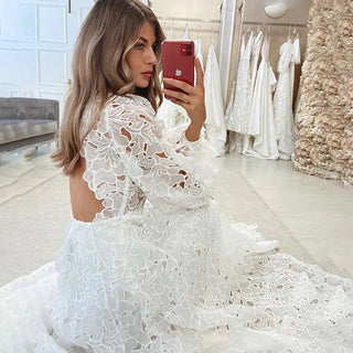 Boho Lace Wedding Dress with Puff Sleeves - Diva Melody