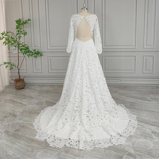 Boho Lace Wedding Dress with Puff Sleeves - Diva Melody