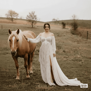 Boho Lace Wedding Dress with Puff Sleeves - Diva Melody