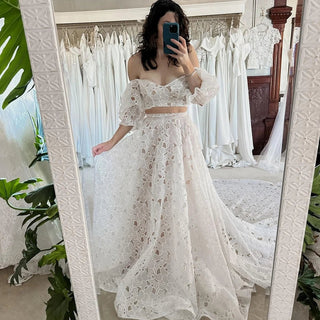 Boho Lace Wedding Dress with Puff Sleeves - Diva Melody