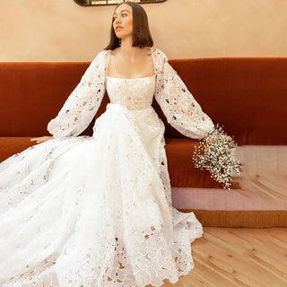 Boho Lace Wedding Dress with Puff Sleeves - Diva Melody