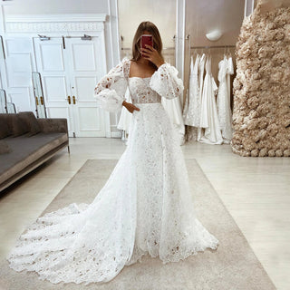 Boho Lace Wedding Dress with Puff Sleeves - Diva Melody