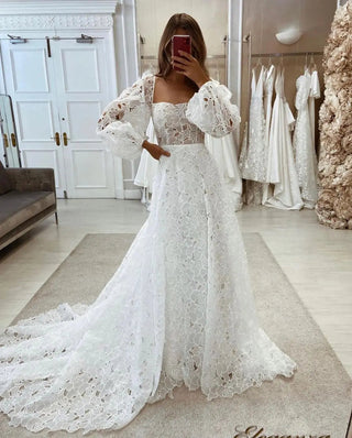 Boho Lace Wedding Dress with Puff Sleeves - Diva Melody