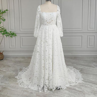 Boho Lace Wedding Dress with Puff Sleeves - Diva Melody