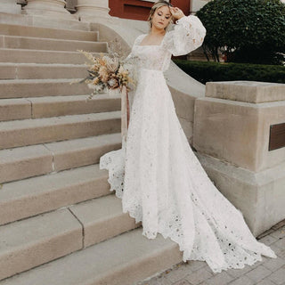 Boho Lace Wedding Dress with Puff Sleeves - Diva Melody