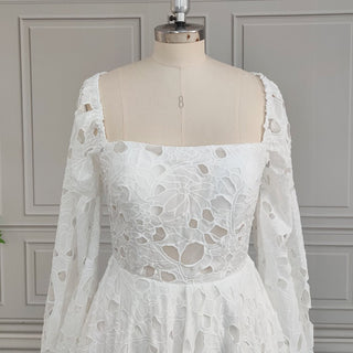 Boho Lace Wedding Dress with Puff Sleeves - Diva Melody