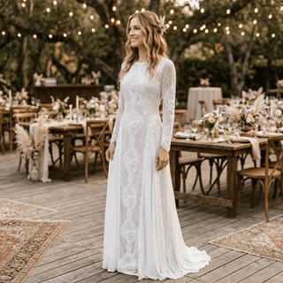 Boho Long Sleeve Lace Sheath Wedding Dress - Diva Melody