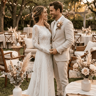 Boho Long Sleeve Lace Sheath Wedding Dress - Diva Melody