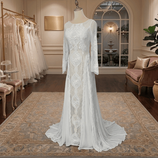 Boho Long Sleeve Lace Sheath Wedding Dress - Diva Melody