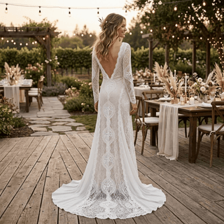 Boho Long Sleeve Lace Sheath Wedding Dress - Diva Melody