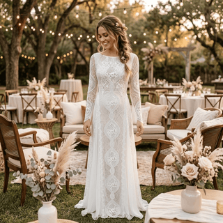 Boho Long Sleeve Lace Sheath Wedding Dress - Diva Melody