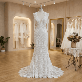 Boho Mermaid Wedding Dress with Tassel Lace - Diva Melody