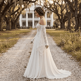 Boho Off Shoulder Fringe Lace Wedding Dress - Diva Melody