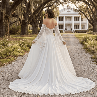 Boho Off Shoulder Fringe Lace Wedding Dress - Diva Melody