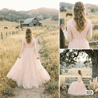 Boho Romantic Lace A Line Bridal Gown - Diva Melody