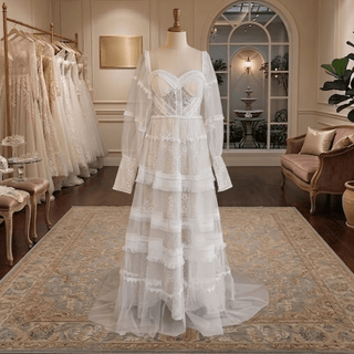Boho Tiered Long Sleeve Tulle Wedding Dress - Diva Melody
