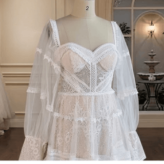 Boho Tiered Long Sleeve Tulle Wedding Dress - Diva Melody