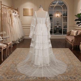 Boho Tiered Long Sleeve Tulle Wedding Dress - Diva Melody