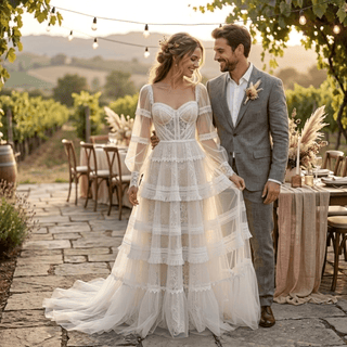 Boho Tiered Long Sleeve Tulle Wedding Dress - Diva Melody