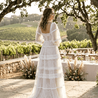 Boho Tiered Long Sleeve Tulle Wedding Dress - Diva Melody