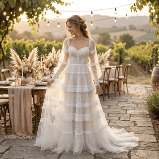 Boho Tiered Long Sleeve Tulle Wedding Dress - Diva Melody