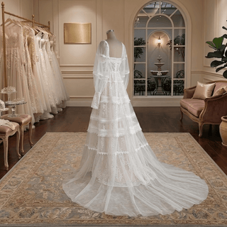 Boho Tiered Long Sleeve Tulle Wedding Dress - Diva Melody