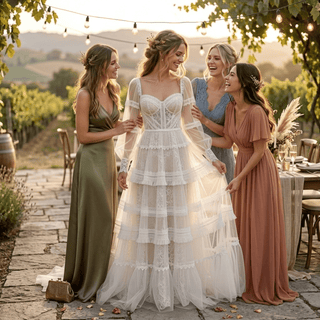 Boho Tiered Long Sleeve Tulle Wedding Dress - Diva Melody