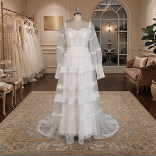 Boho Tiered Long Sleeve Tulle Wedding Dress - Diva Melody