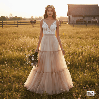 Boho Tulle V - Neck Lace Wedding Gown - Diva Melody
