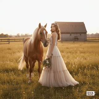Boho Tulle V - Neck Lace Wedding Gown - Diva Melody