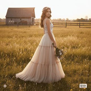 Boho Tulle V - Neck Lace Wedding Gown - Diva Melody