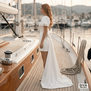 Bow Train Mini Beach Wedding Dress - Diva Melody