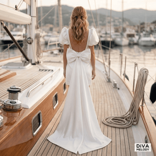 Bow Train Mini Beach Wedding Dress - Diva Melody